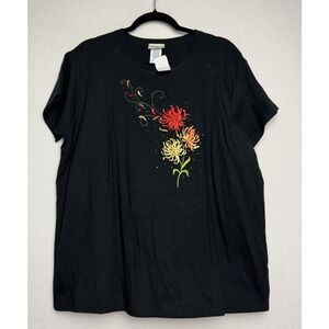 Top Stitch Women's Short Sleeve Back T-Shirt Size 1X Embroidered Flowers NWT